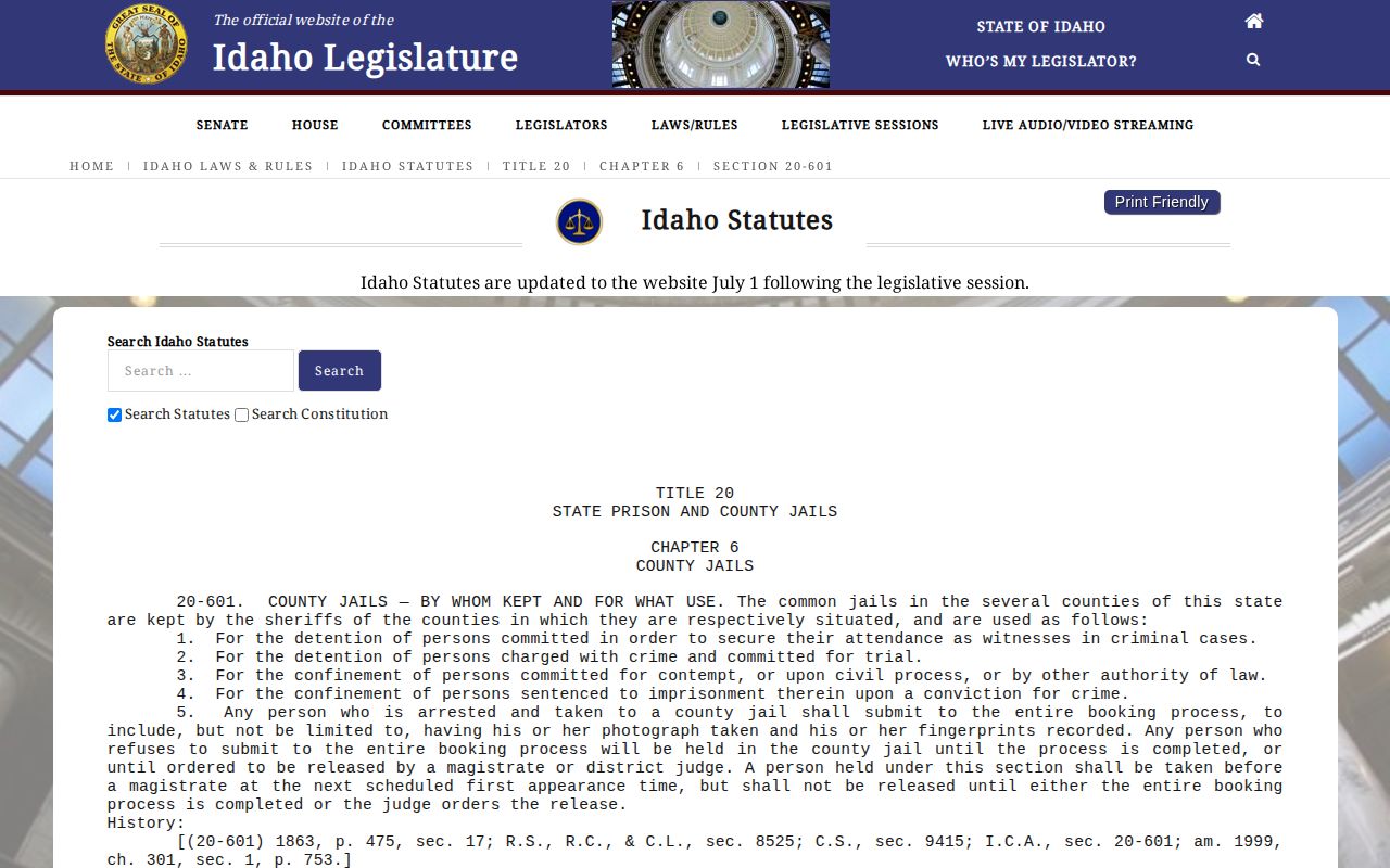 Lemhi County booking photo and fingerprint statute record