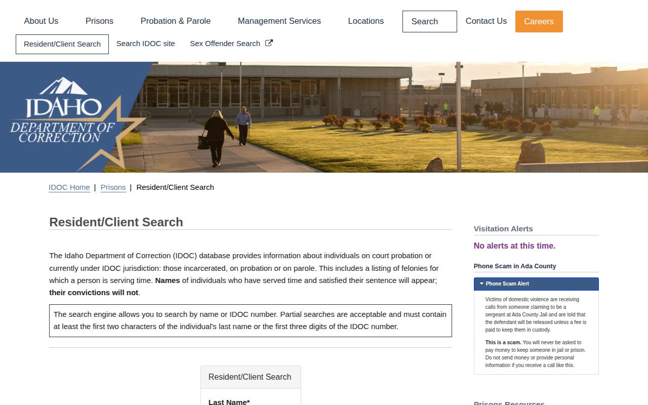 Idaho Department of Correction search form for Lemhi County custody transitions